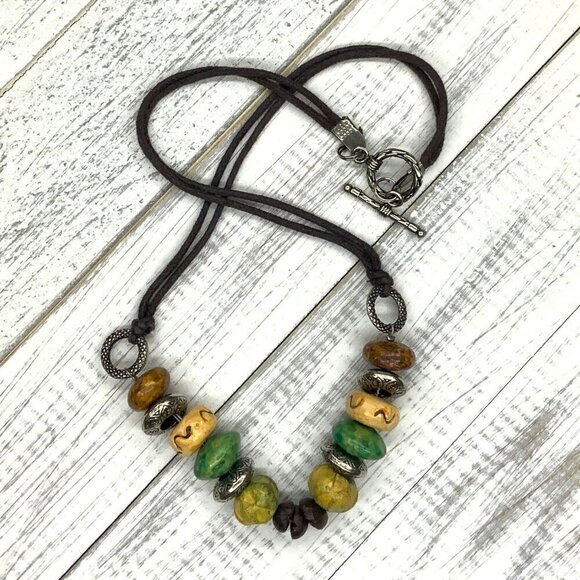 Boho Necklace Wood Beads Natural Stone Leather Toggle Closure - Picture 1 of 2